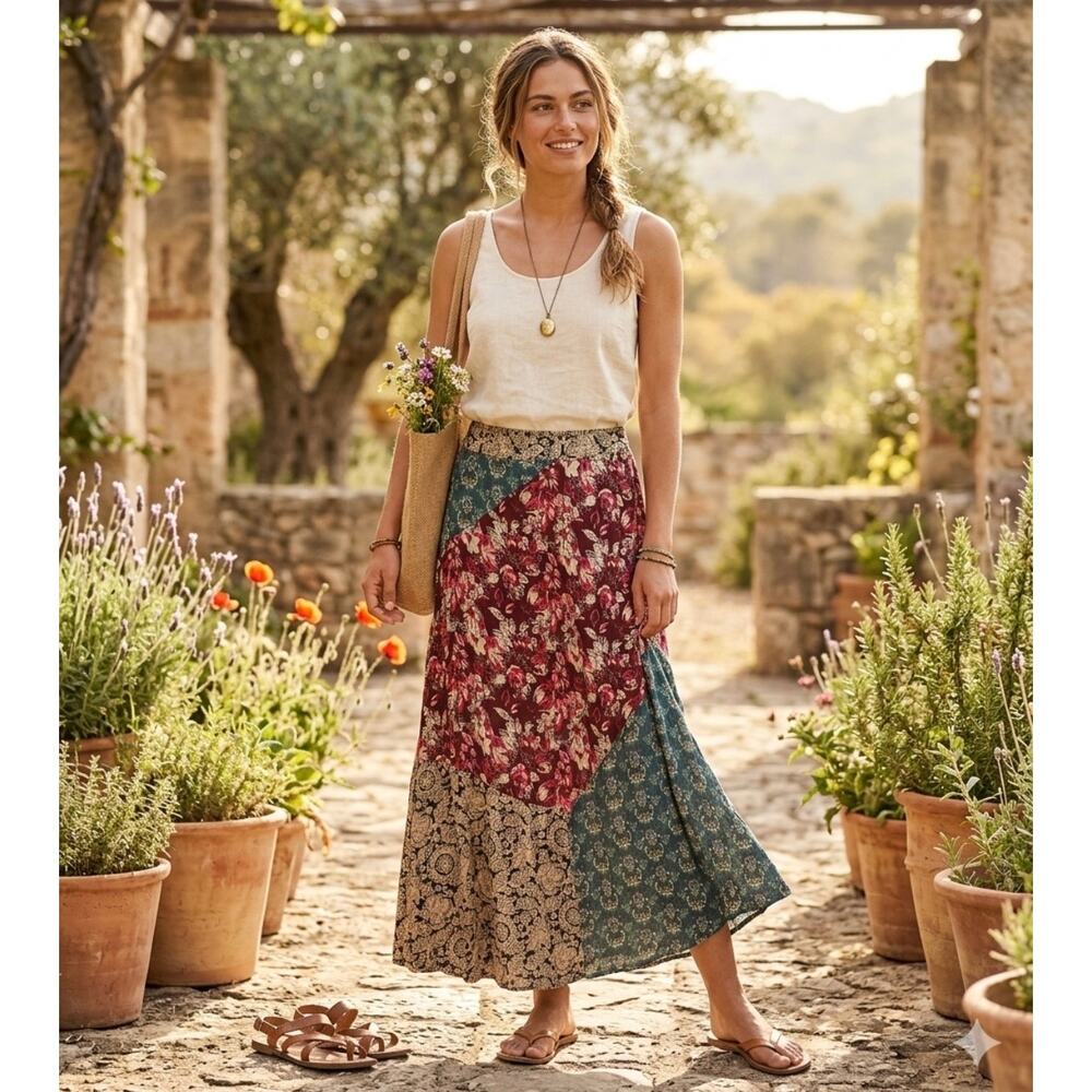 Natural Life Patchwork MaxiSkirt Floral Boho Hippie Flowy festival cottage indie - Picture 2 of 14